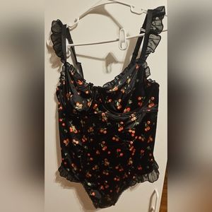 Torrid thong bodysuit 1x 14/16 black with cherries underwire